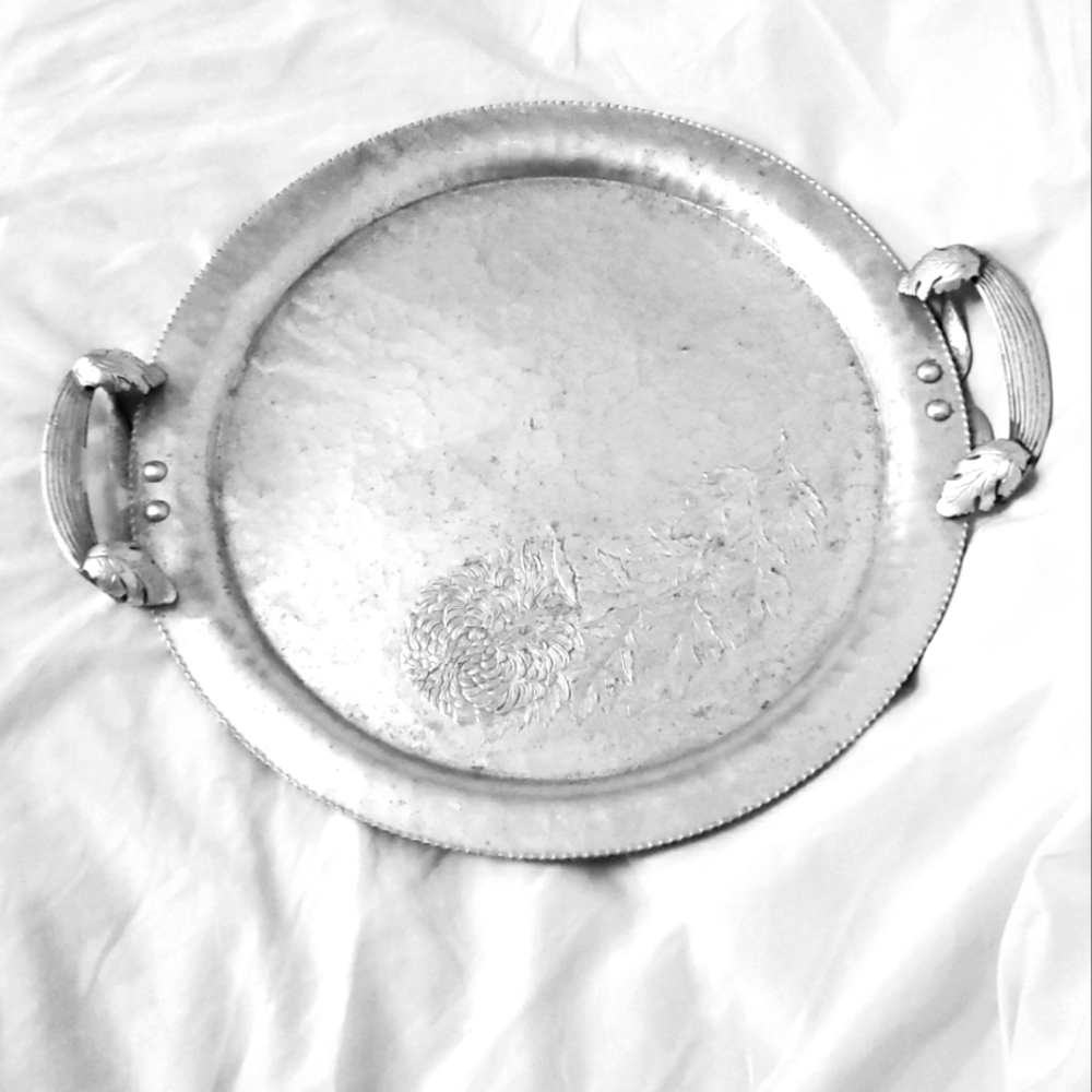 Vintage Hand Wrought Aluminum Tray Crysanthemum